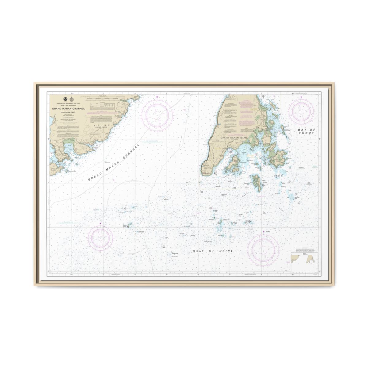 Chart 13392 Grand Manan Channel Southern Part - NOAA Nautical Chart Floating Frame Canvas | 30" x 20" | 36" x 24" | 48" x 32" - Natural front