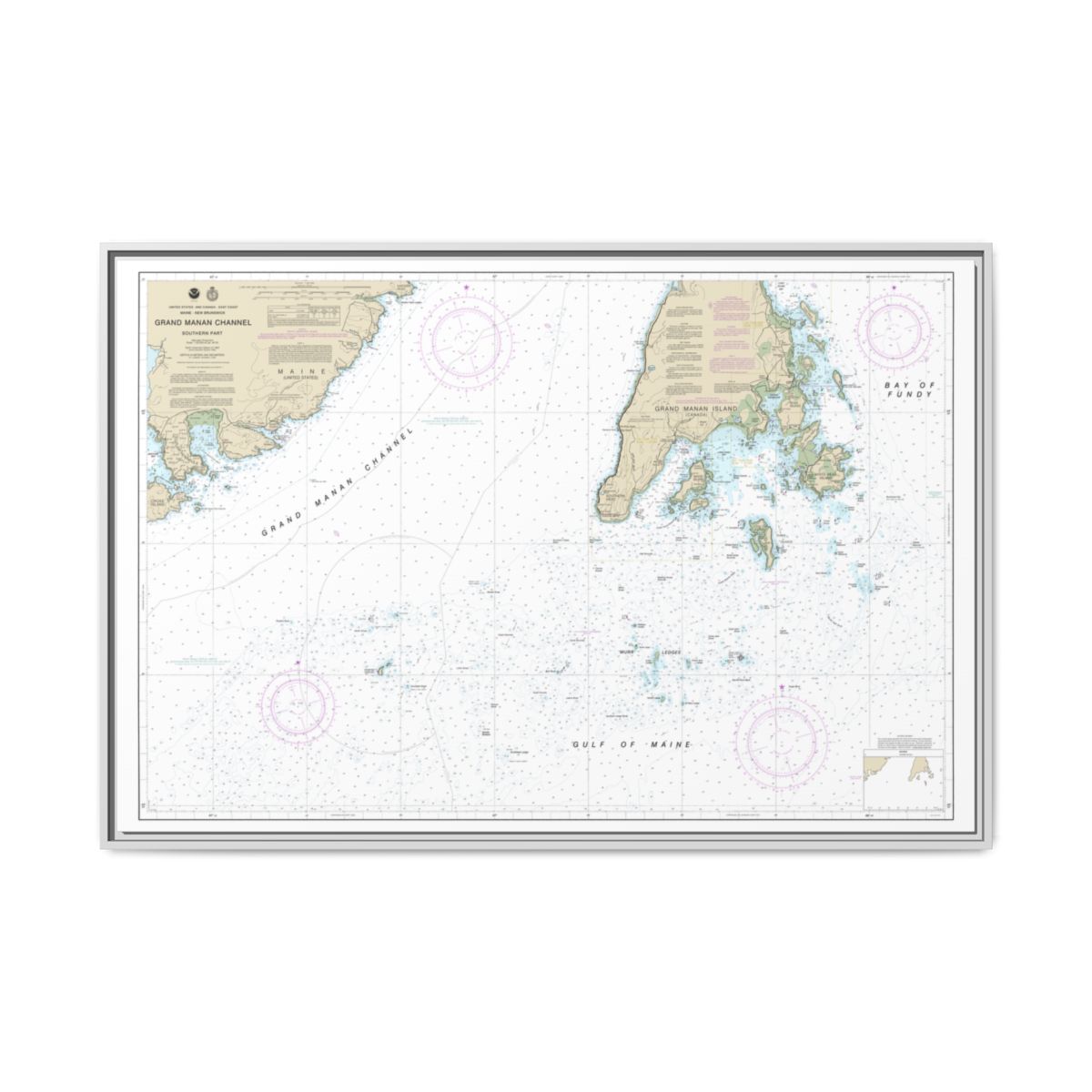 Chart 13392 Grand Manan Channel Southern Part - NOAA Nautical Chart Floating Frame Canvas | 30" x 20" | 36" x 24" | 48" x 32" - White front