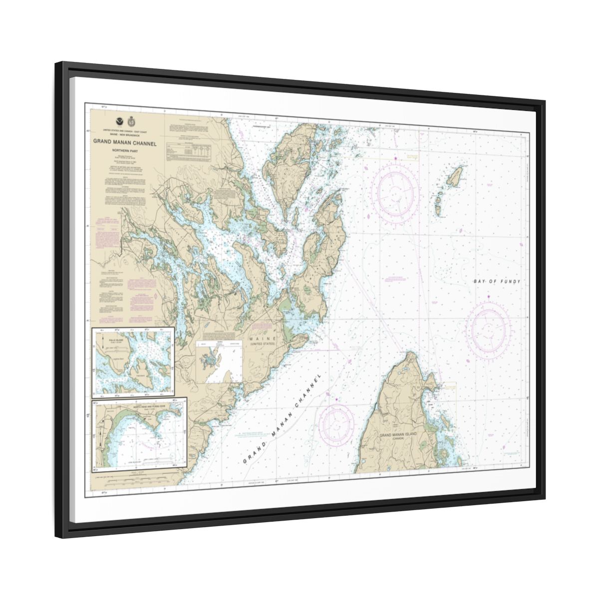 Chart 13394 Grand Manan Channel Northern Part; North Head and Flagg Cove - NOAA Nautical Chart Floating Frame Canvas | 32" x 24" | 40" x 30" - Black side