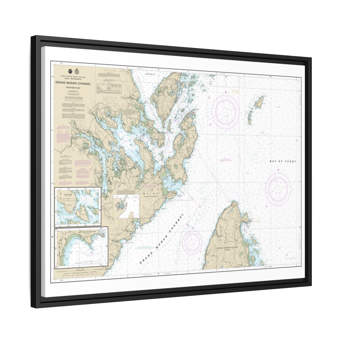 Chart 13394 Grand Manan Channel Northern Part; North Head and Flagg Cove - NOAA Nautical Chart Floating Frame Canvas | 32" x 24" | 40" x 30" - Black side