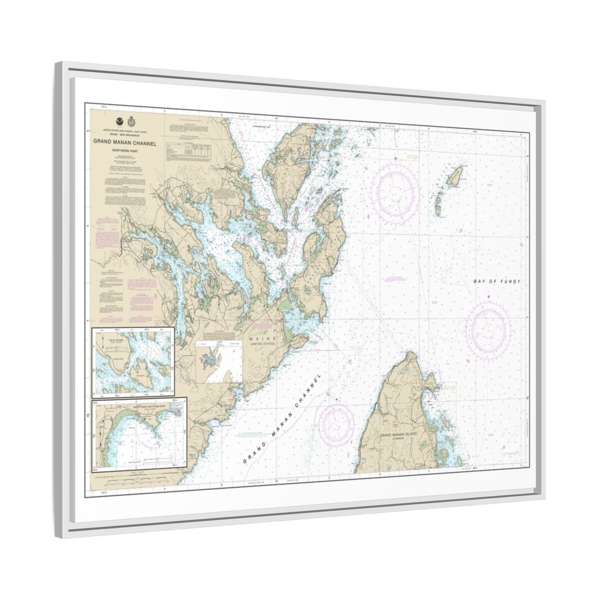 Chart 13394 Grand Manan Channel Northern Part; North Head and Flagg Cove - NOAA Nautical Chart Floating Frame Canvas | 32" x 24" | 40" x 30" - White side