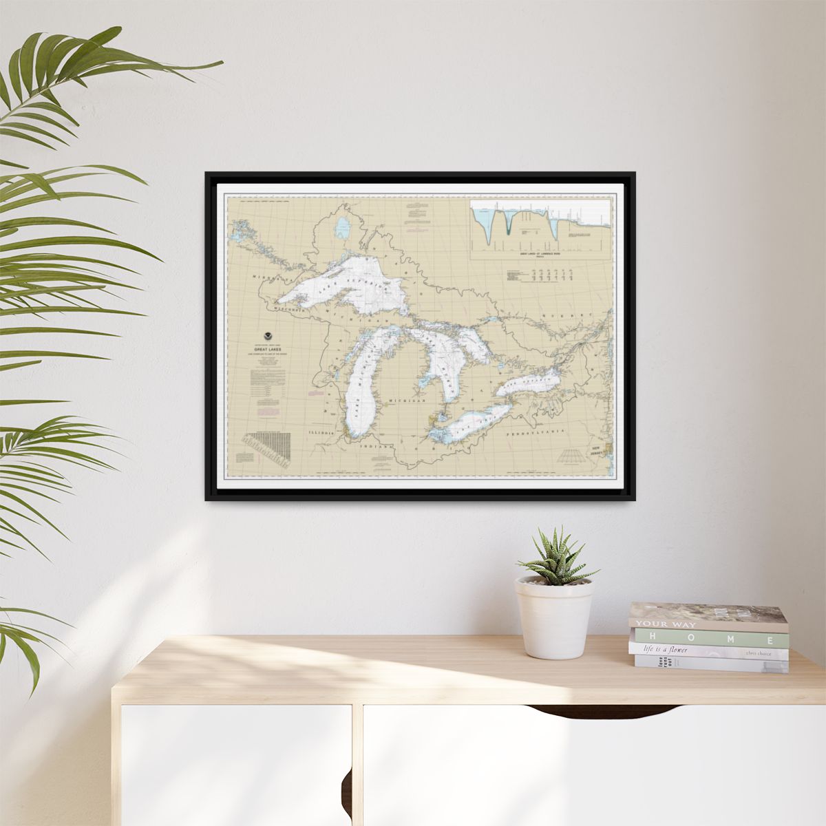 Chart 14500 Great Lakes, Lake Champlain to Lake of the Woods - NOAA Nautical Chart Floating Frame Canvas | 32" x 24" | 40" x 30" - Black context-1
