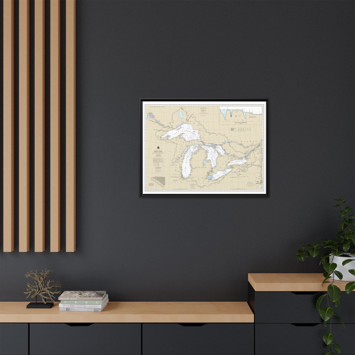 Chart 14500 Great Lakes, Lake Champlain to Lake of the Woods - NOAA Nautical Chart Floating Frame Canvas | 32" x 24" | 40" x 30" - Black context-2