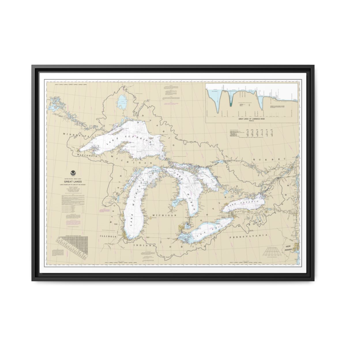 Chart 14500 Great Lakes, Lake Champlain to Lake of the Woods - NOAA Nautical Chart Floating Frame Canvas | 32" x 24" | 40" x 30" - Black front