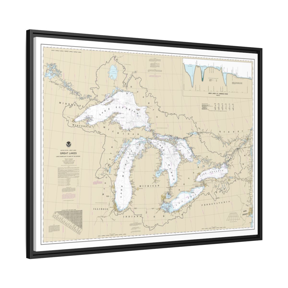 Chart 14500 Great Lakes, Lake Champlain to Lake of the Woods - NOAA Nautical Chart Floating Frame Canvas | 32" x 24" | 40" x 30" - Black side