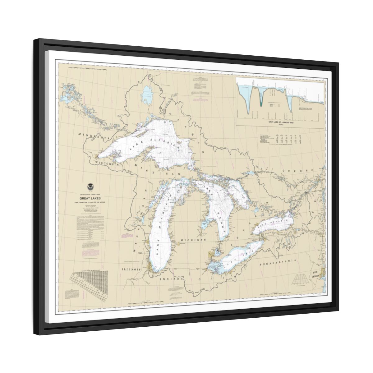 Chart 14500 Great Lakes, Lake Champlain to Lake of the Woods - NOAA Nautical Chart Floating Frame Canvas | 32" x 24" | 40" x 30" - Black side