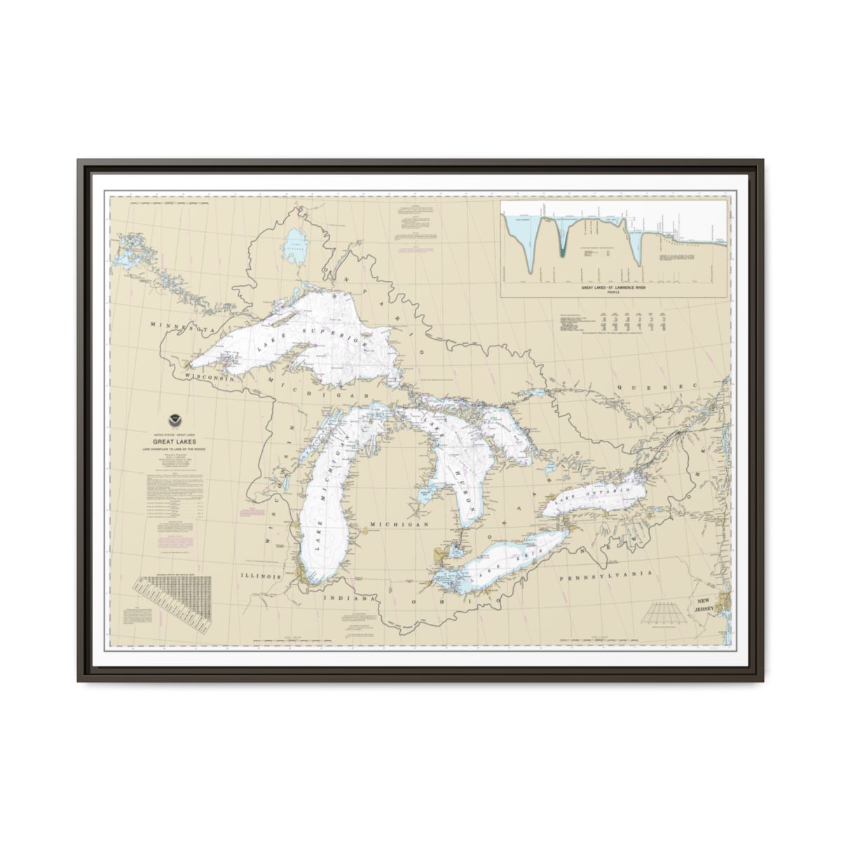 Chart 14500 Great Lakes, Lake Champlain to Lake of the Woods - NOAA Nautical Chart Floating Frame Canvas | 32" x 24" | 40" x 30" - Espresso front