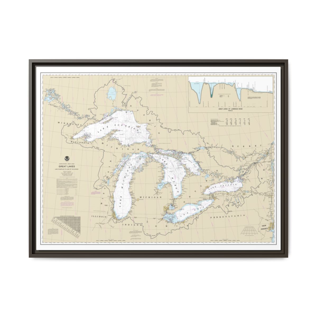 Chart 14500 Great Lakes, Lake Champlain to Lake of the Woods - NOAA Nautical Chart Floating Frame Canvas | 32" x 24" | 40" x 30" - Espresso front
