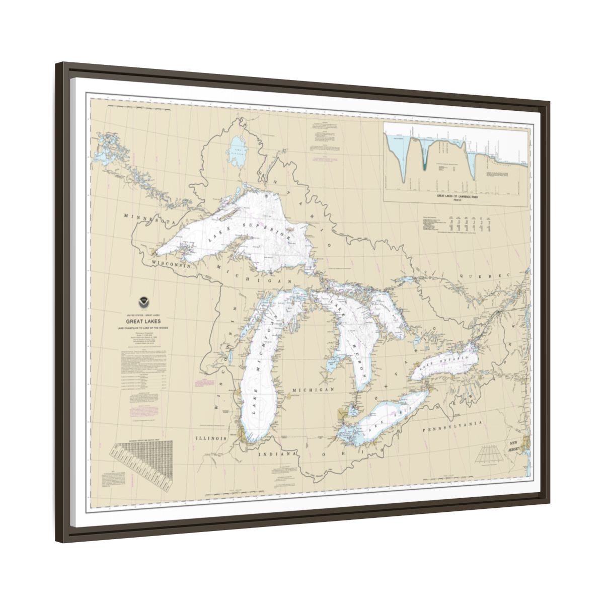 Chart 14500 Great Lakes, Lake Champlain to Lake of the Woods - NOAA Nautical Chart Floating Frame Canvas | 32" x 24" | 40" x 30" - Espresso side