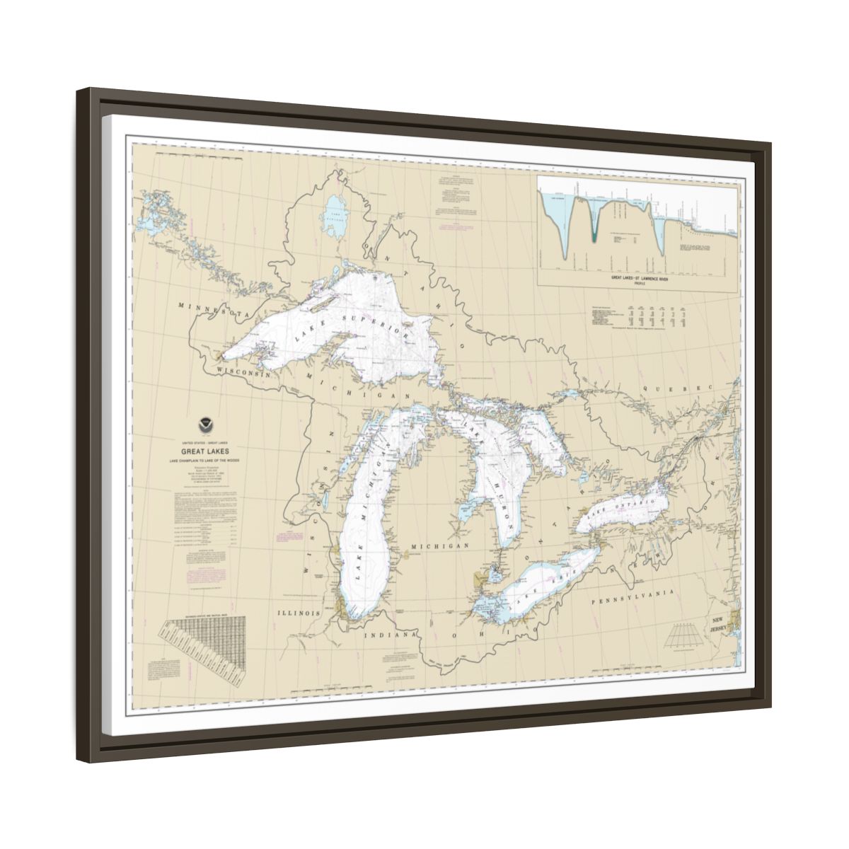 Chart 14500 Great Lakes, Lake Champlain to Lake of the Woods - NOAA Nautical Chart Floating Frame Canvas | 32" x 24" | 40" x 30" - Espresso side