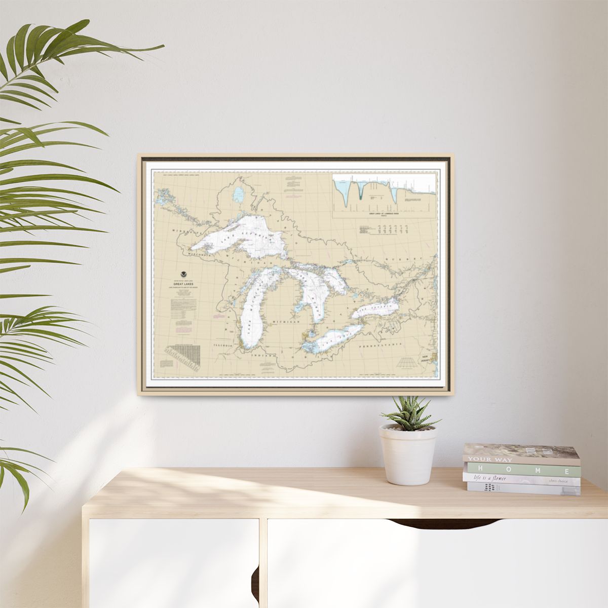 Chart 14500 Great Lakes, Lake Champlain to Lake of the Woods - NOAA Nautical Chart Floating Frame Canvas | 32" x 24" | 40" x 30" - Natural context-1
