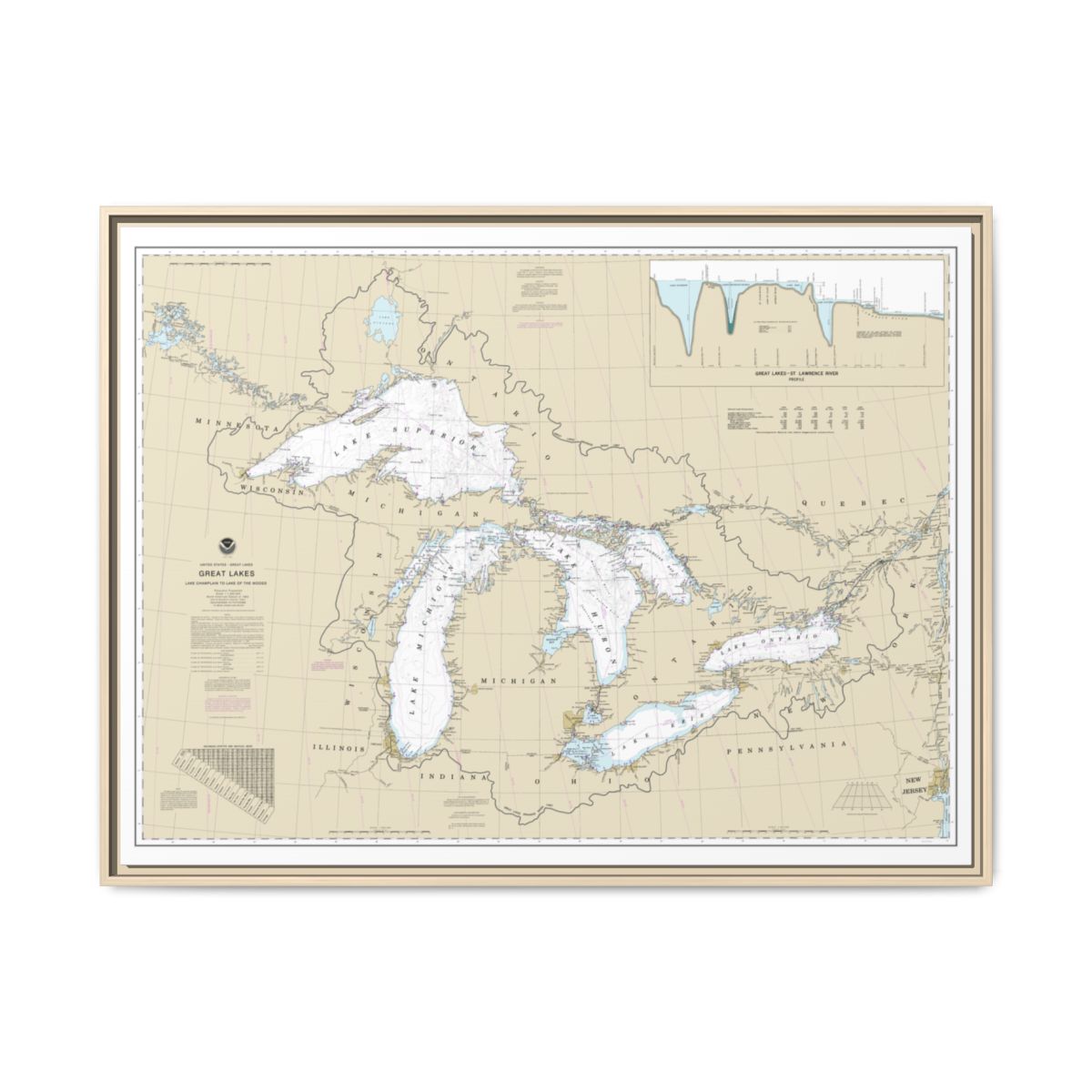 Chart 14500 Great Lakes, Lake Champlain to Lake of the Woods - NOAA Nautical Chart Floating Frame Canvas | 32" x 24" | 40" x 30" - Natural front