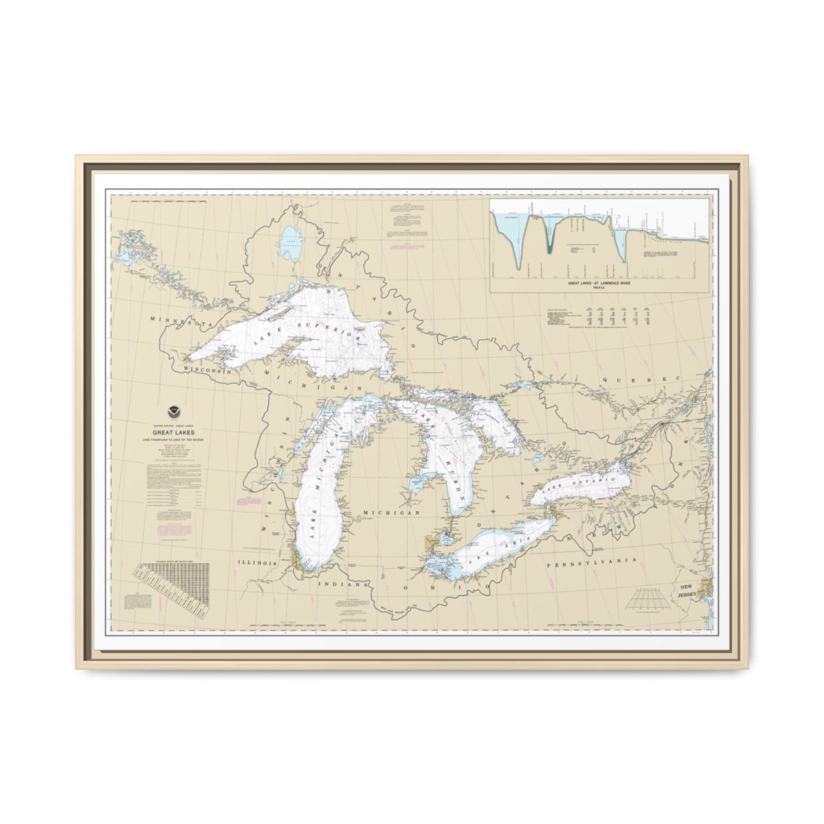 Chart 14500 Great Lakes, Lake Champlain to Lake of the Woods - NOAA Nautical Chart Floating Frame Canvas | 32" x 24" | 40" x 30" - Natural front