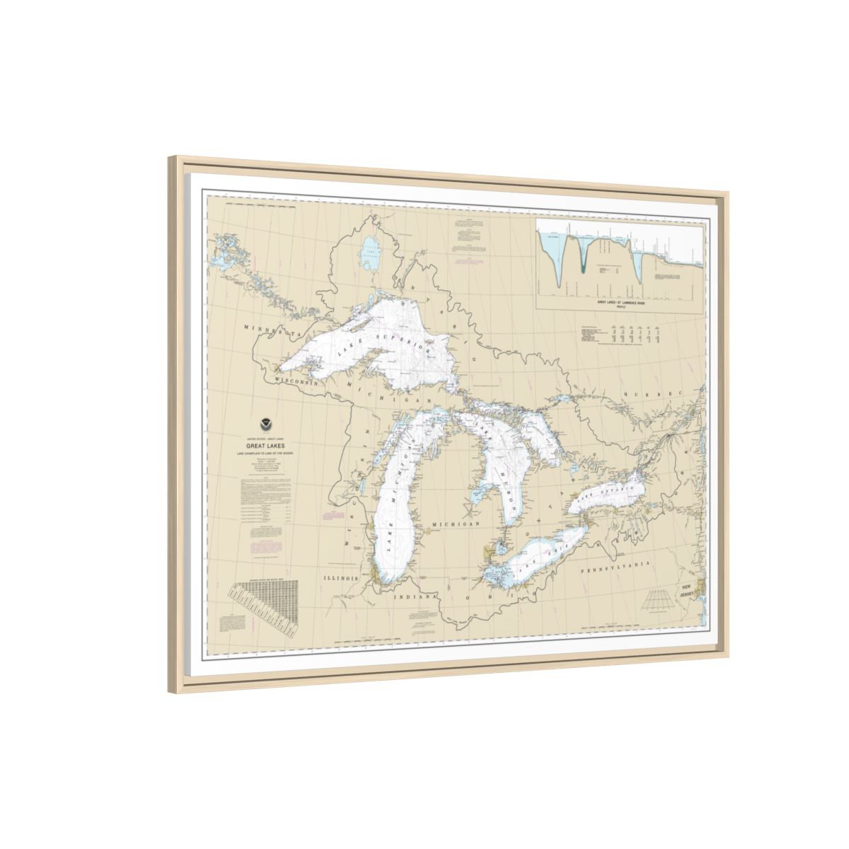 Chart 14500 Great Lakes, Lake Champlain to Lake of the Woods - NOAA Nautical Chart Floating Frame Canvas | 32" x 24" | 40" x 30" - Natural side