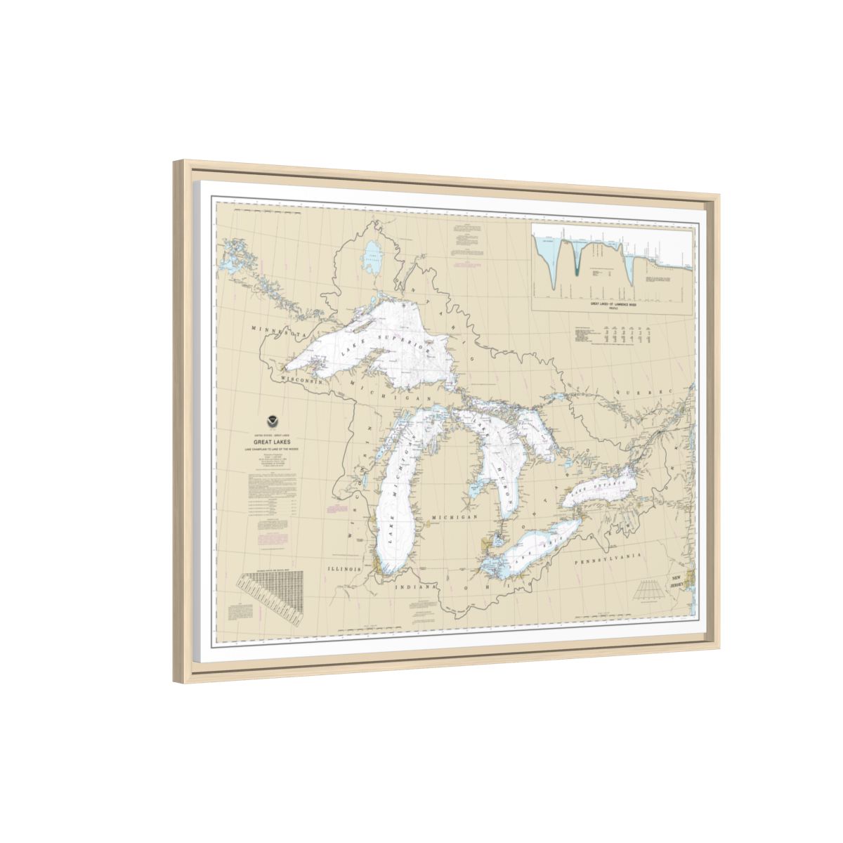 Chart 14500 Great Lakes, Lake Champlain to Lake of the Woods - NOAA Nautical Chart Floating Frame Canvas | 32" x 24" | 40" x 30" - Natural side