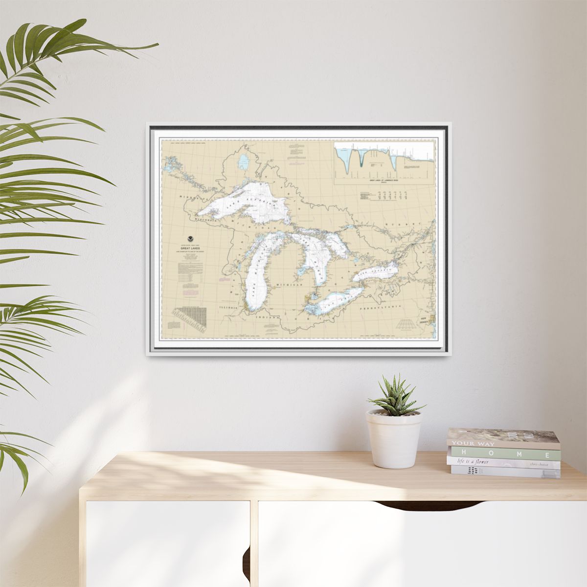 Chart 14500 Great Lakes, Lake Champlain to Lake of the Woods - NOAA Nautical Chart Floating Frame Canvas | 32" x 24" | 40" x 30" - White context-1
