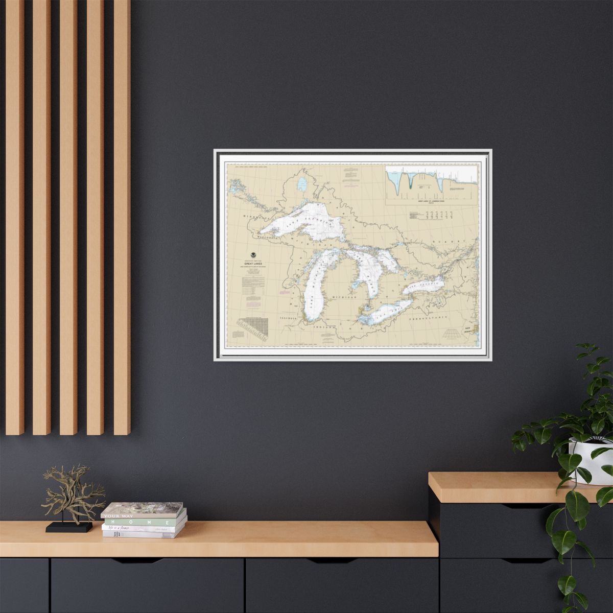 Chart 14500 Great Lakes, Lake Champlain to Lake of the Woods - NOAA Nautical Chart Floating Frame Canvas | 32" x 24" | 40" x 30" - White context-2