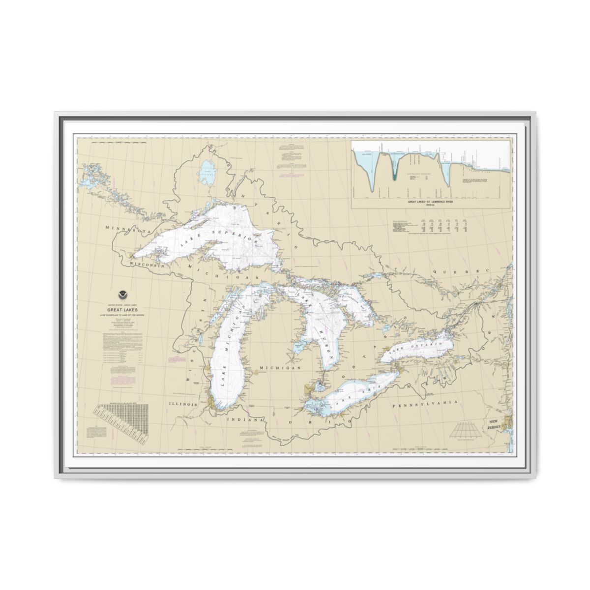 Chart 14500 Great Lakes, Lake Champlain to Lake of the Woods - NOAA Nautical Chart Floating Frame Canvas | 32" x 24" | 40" x 30" - White front
