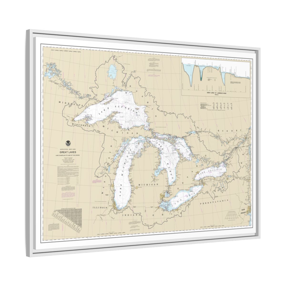 Chart 14500 Great Lakes, Lake Champlain to Lake of the Woods - NOAA Nautical Chart Floating Frame Canvas | 32" x 24" | 40" x 30" - White side