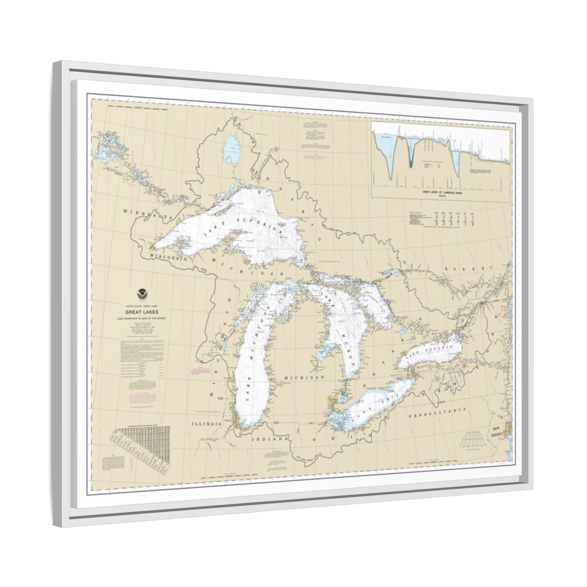 Chart 14500 Great Lakes, Lake Champlain to Lake of the Woods - NOAA Nautical Chart Floating Frame Canvas | 32" x 24" | 40" x 30" - White side