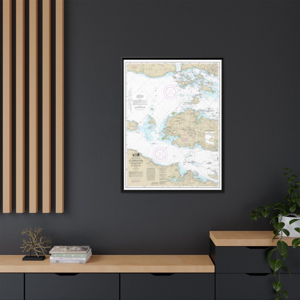 Chart 14774 Round I., N.Y., and Gananoque, Ont., to Wolfe I., Ont. - NOAA Nautical Chart Floating Frame Canvas | 24" x 32" | 30" x 40" - Black context-2