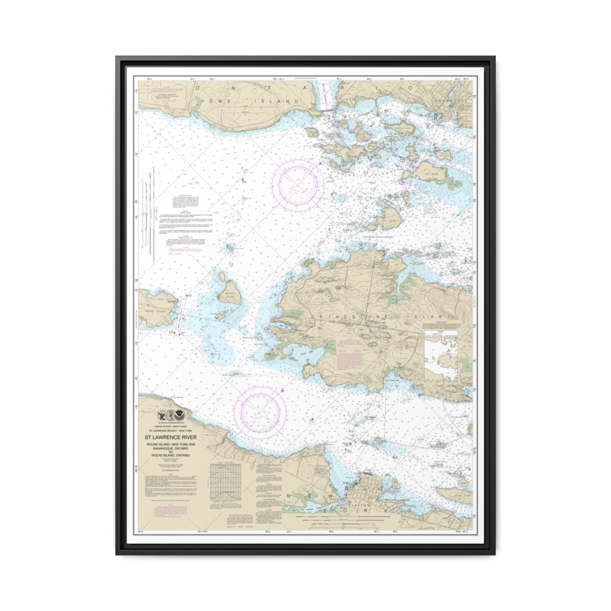 Chart 14774 Round I., N.Y., and Gananoque, Ont., to Wolfe I., Ont. - NOAA Nautical Chart Floating Frame Canvas | 24" x 32" | 30" x 40" - Black front