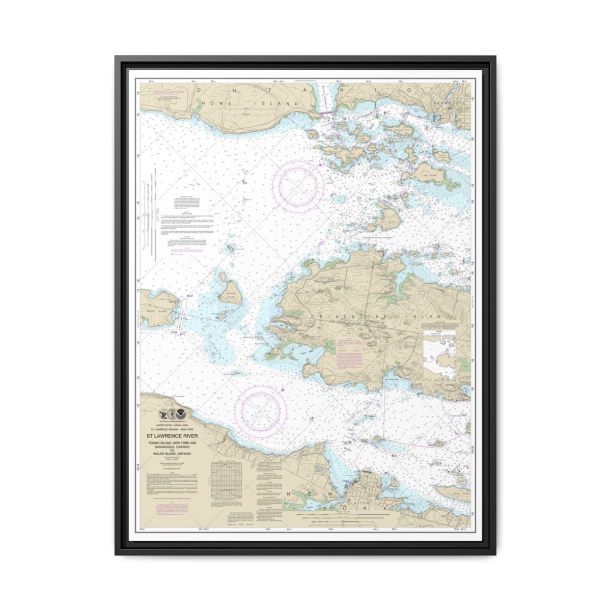 Chart 14774 Round I., N.Y., and Gananoque, Ont., to Wolfe I., Ont. - NOAA Nautical Chart Floating Frame Canvas | 24" x 32" | 30" x 40" - Black front