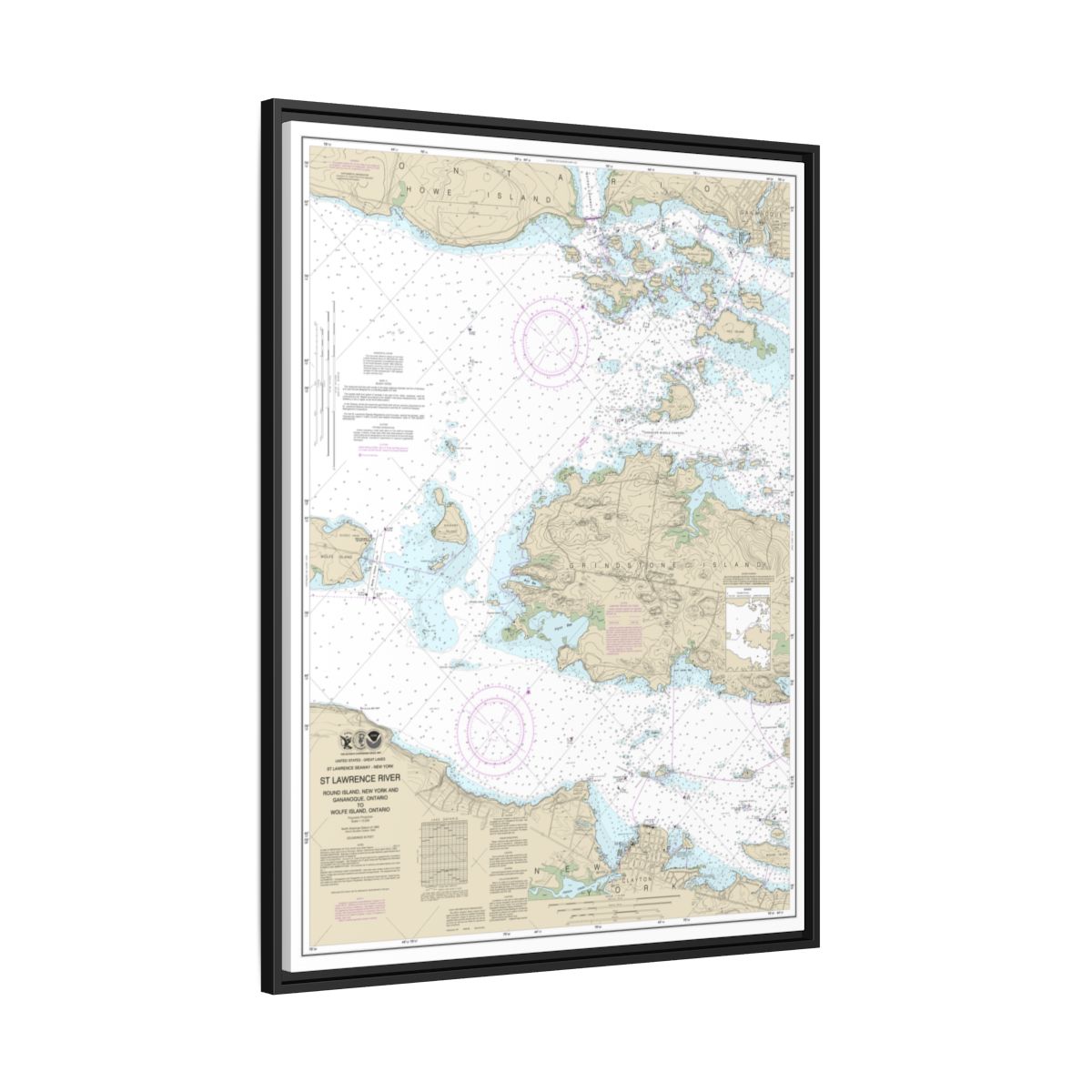 Chart 14774 Round I., N.Y., and Gananoque, Ont., to Wolfe I., Ont. - NOAA Nautical Chart Floating Frame Canvas | 24" x 32" | 30" x 40" - Black side