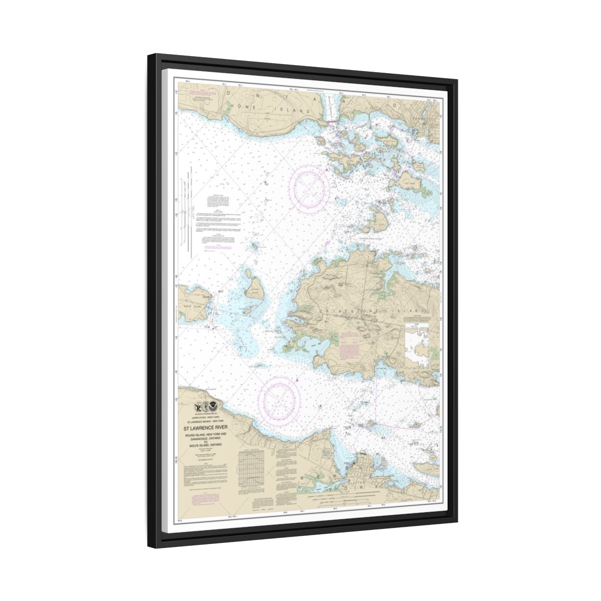 Chart 14774 Round I., N.Y., and Gananoque, Ont., to Wolfe I., Ont. - NOAA Nautical Chart Floating Frame Canvas | 24" x 32" | 30" x 40" - Black side