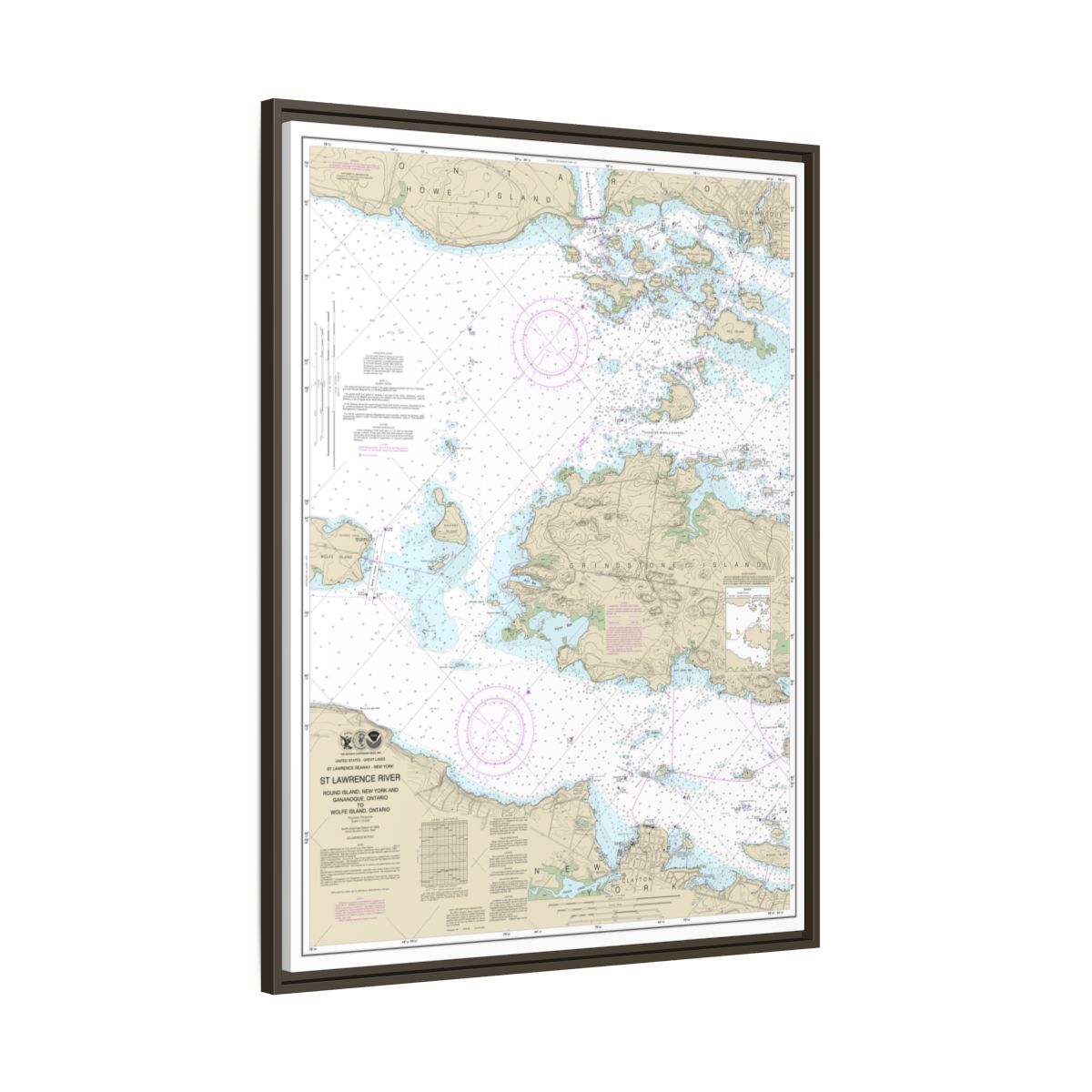 Chart 14774 Round I., N.Y., and Gananoque, Ont., to Wolfe I., Ont. - NOAA Nautical Chart Floating Frame Canvas | 24" x 32" | 30" x 40" - Espresso side