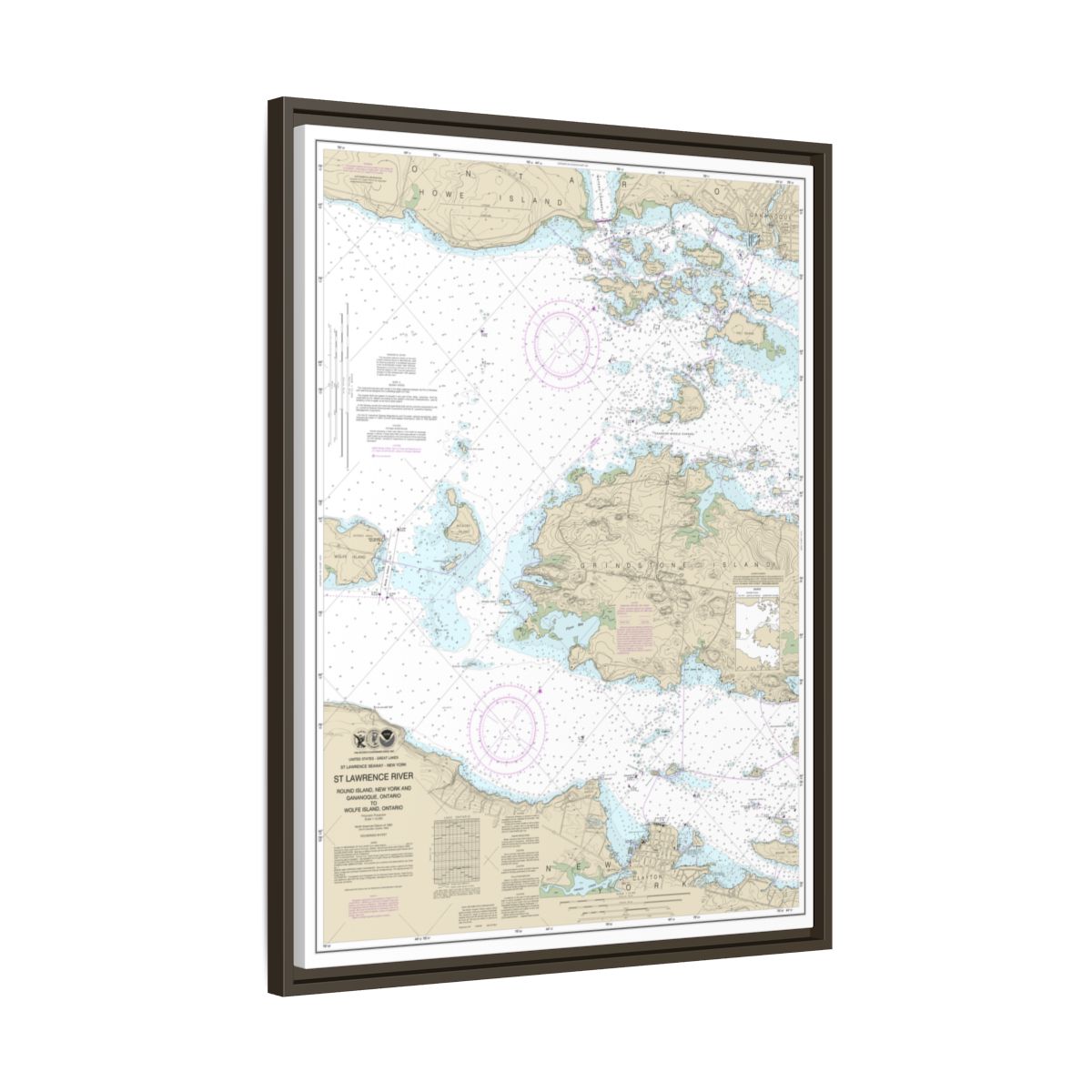 Chart 14774 Round I., N.Y., and Gananoque, Ont., to Wolfe I., Ont. - NOAA Nautical Chart Floating Frame Canvas | 24" x 32" | 30" x 40" - Espresso side