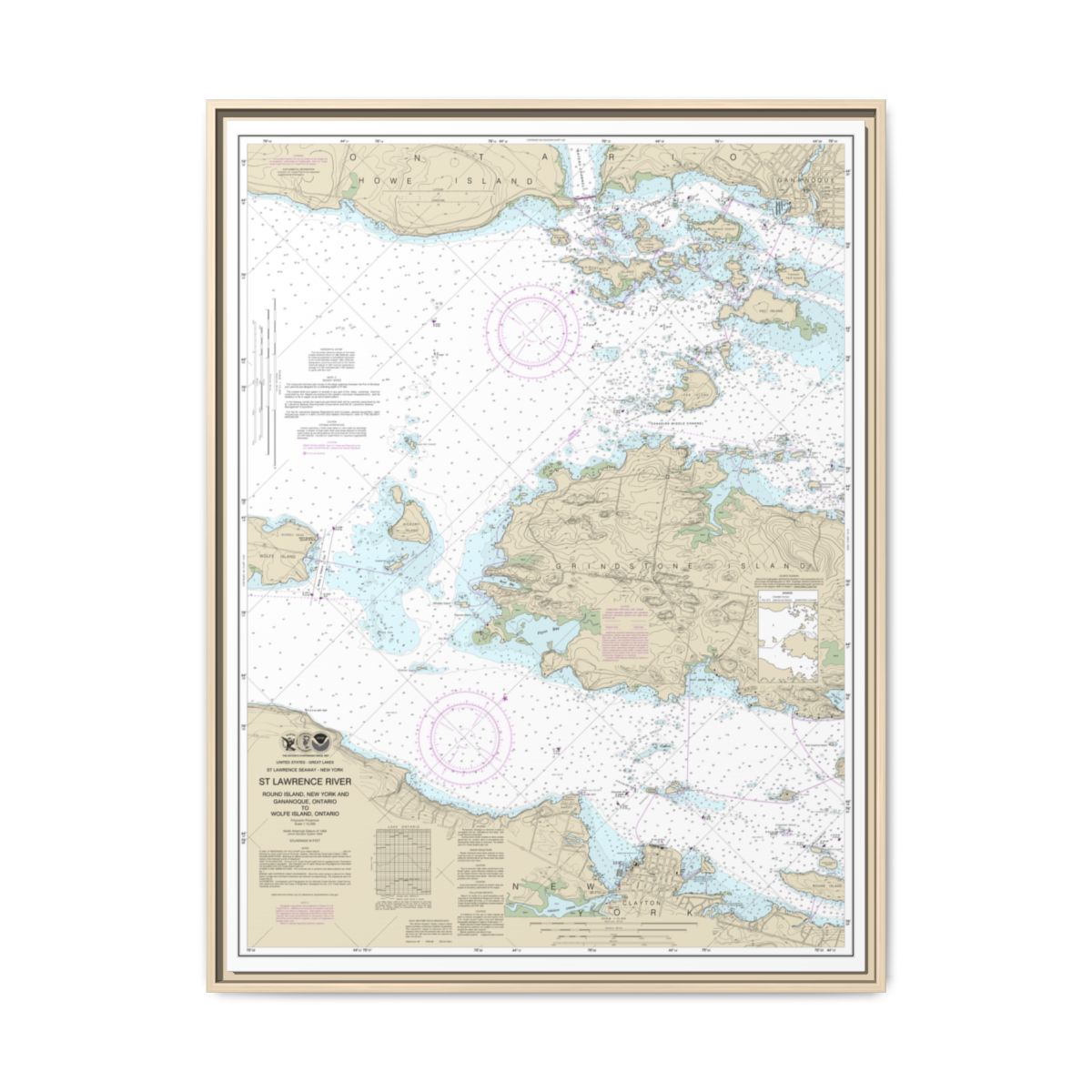 Chart 14774 Round I., N.Y., and Gananoque, Ont., to Wolfe I., Ont. - NOAA Nautical Chart Floating Frame Canvas | 24" x 32" | 30" x 40" - Natural front