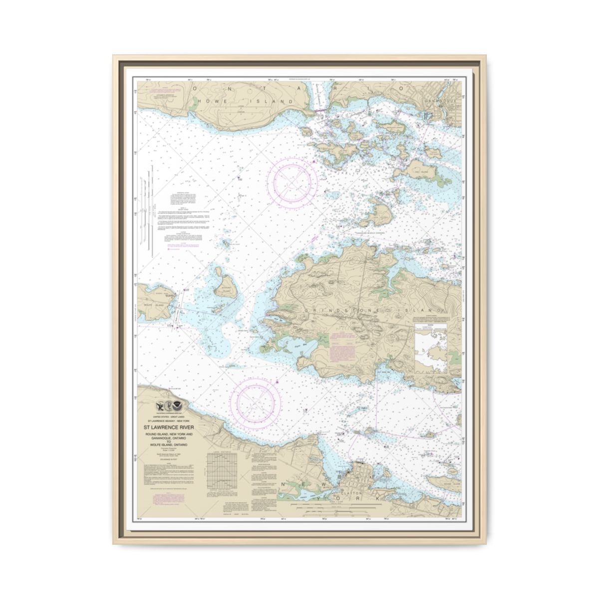 Chart 14774 Round I., N.Y., and Gananoque, Ont., to Wolfe I., Ont. - NOAA Nautical Chart Floating Frame Canvas | 24" x 32" | 30" x 40" - Natural front