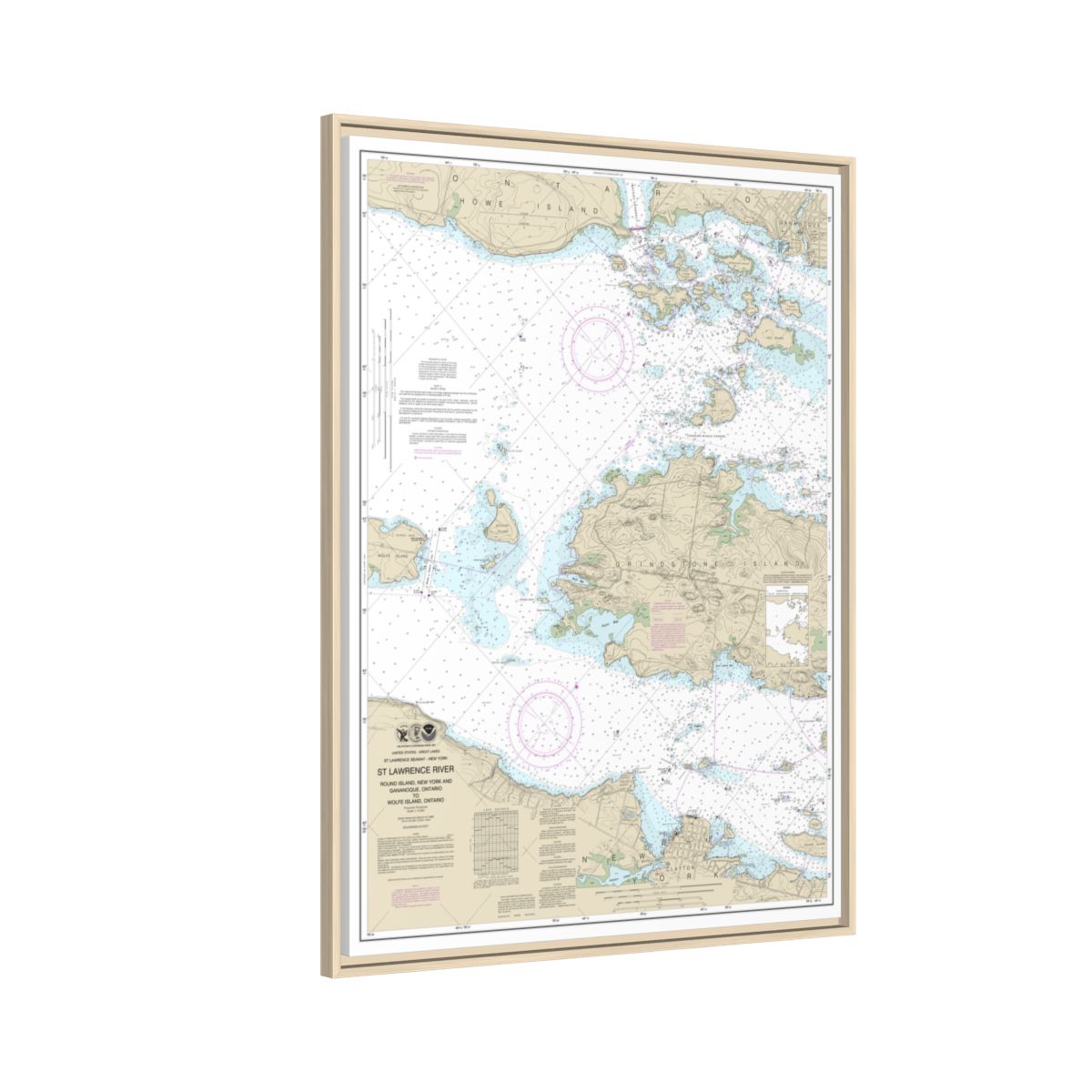 Chart 14774 Round I., N.Y., and Gananoque, Ont., to Wolfe I., Ont. - NOAA Nautical Chart Floating Frame Canvas | 24" x 32" | 30" x 40" - Natural side