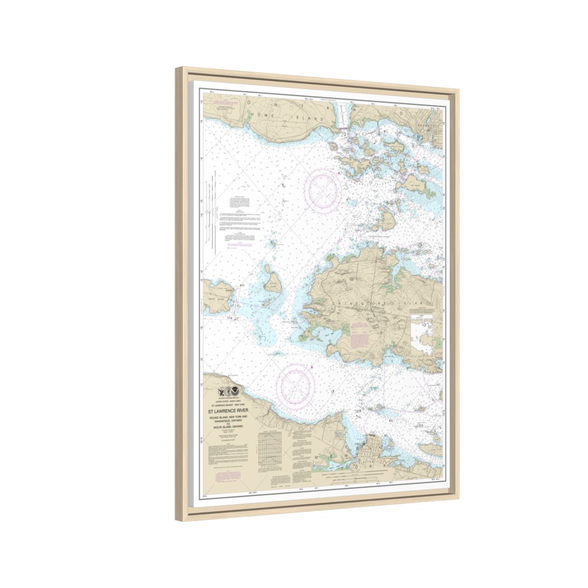 Chart 14774 Round I., N.Y., and Gananoque, Ont., to Wolfe I., Ont. - NOAA Nautical Chart Floating Frame Canvas | 24" x 32" | 30" x 40" - Natural side