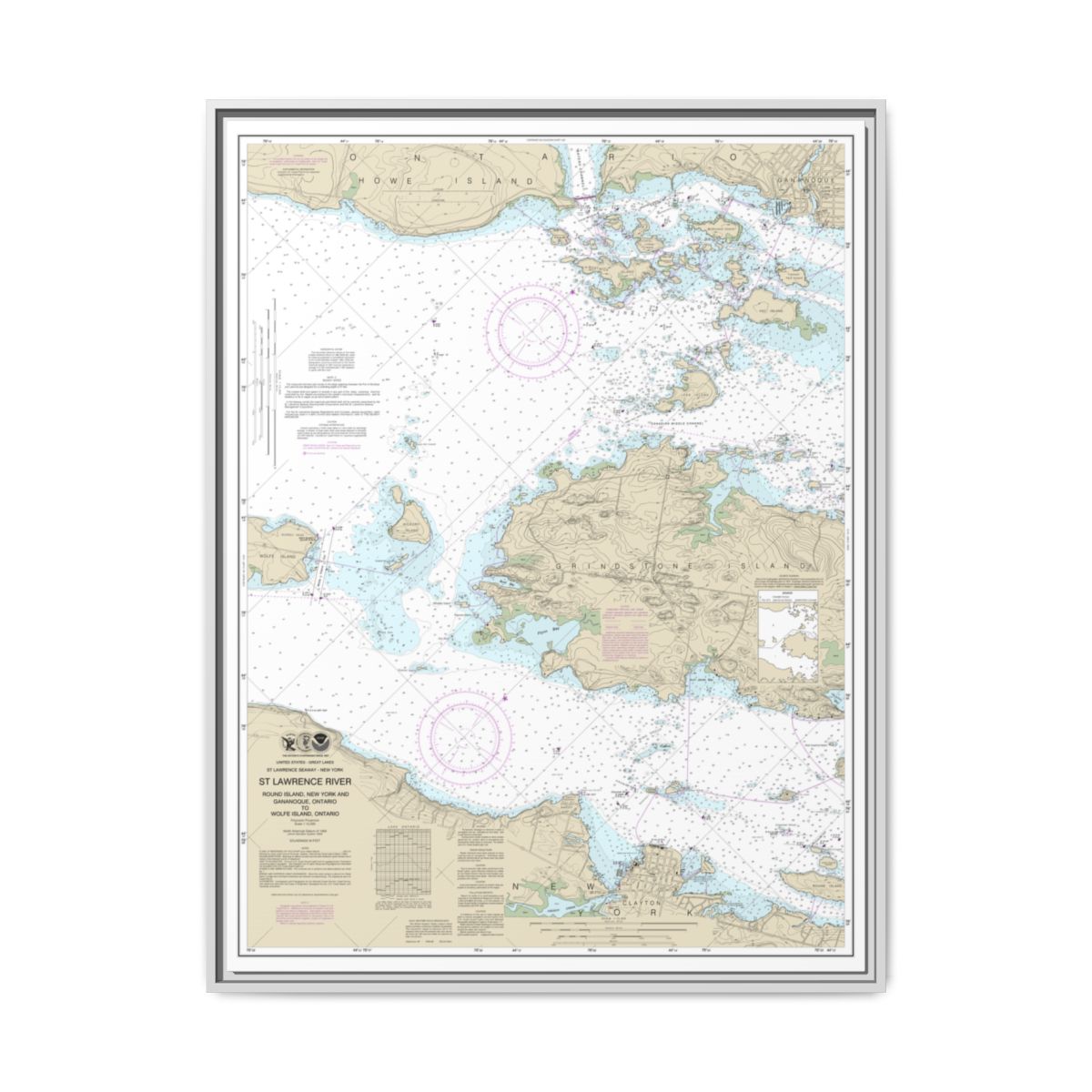 Chart 14774 Round I., N.Y., and Gananoque, Ont., to Wolfe I., Ont. - NOAA Nautical Chart Floating Frame Canvas | 24" x 32" | 30" x 40" - White front
