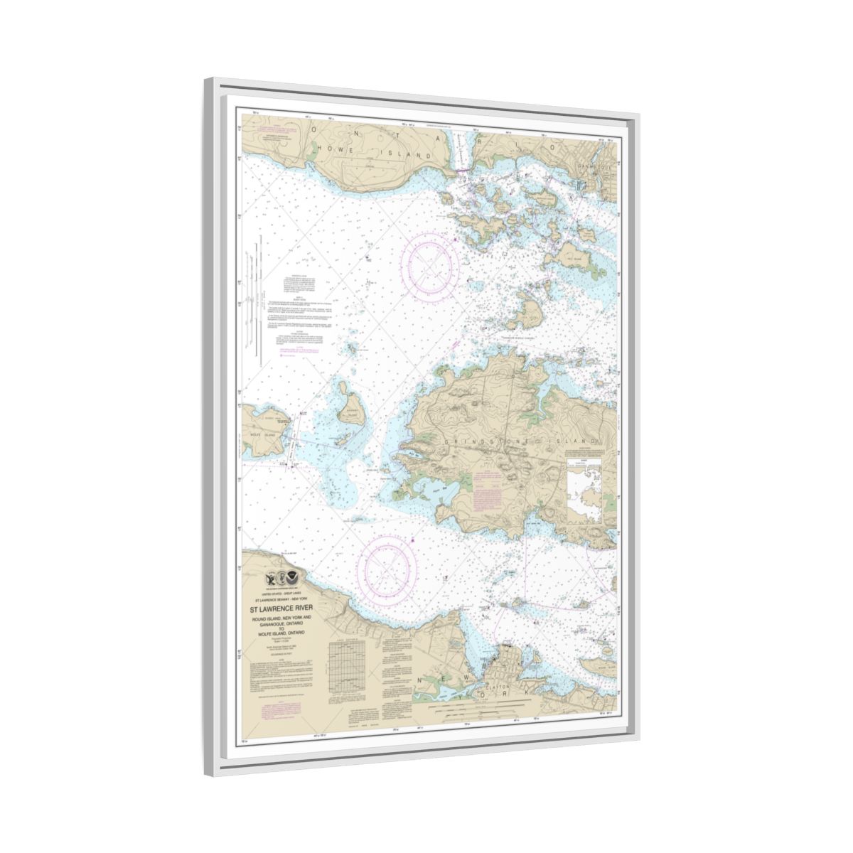 Chart 14774 Round I., N.Y., and Gananoque, Ont., to Wolfe I., Ont. - NOAA Nautical Chart Floating Frame Canvas | 24" x 32" | 30" x 40" - White side