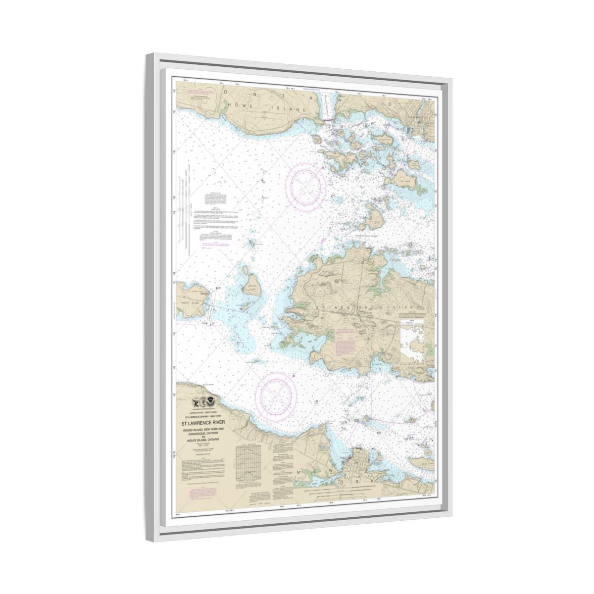 Chart 14774 Round I., N.Y., and Gananoque, Ont., to Wolfe I., Ont. - NOAA Nautical Chart Floating Frame Canvas | 24" x 32" | 30" x 40" - White side
