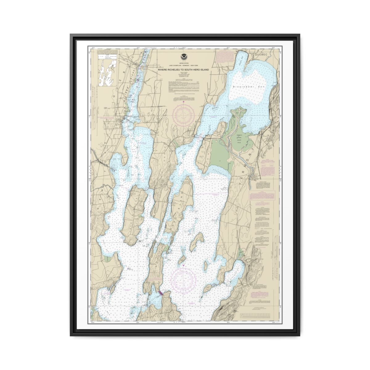 Chart 14781 Riviere Richelieu to South Hero Island - NOAA Nautical Chart Floating Frame Canvas | 24" x 32" | 30" x 40" - Black front
