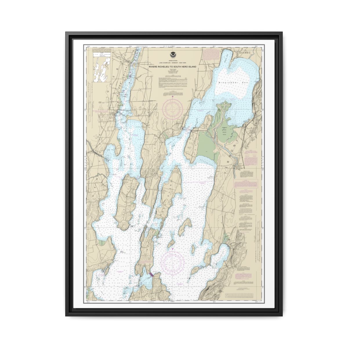 Chart 14781 Riviere Richelieu to South Hero Island - NOAA Nautical Chart Floating Frame Canvas | 24" x 32" | 30" x 40" - Black front