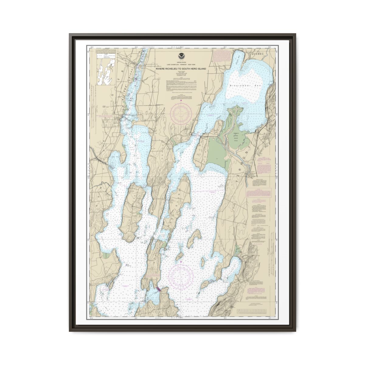 Chart 14781 Riviere Richelieu to South Hero Island - NOAA Nautical Chart Floating Frame Canvas | 24" x 32" | 30" x 40" - Espresso front