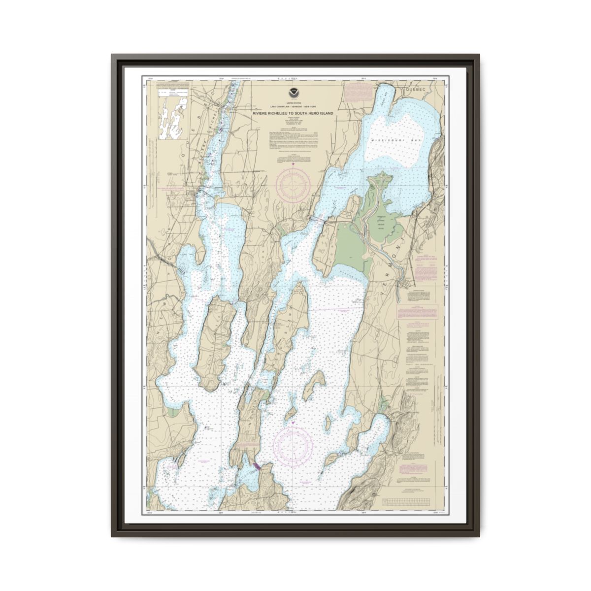 Chart 14781 Riviere Richelieu to South Hero Island - NOAA Nautical Chart Floating Frame Canvas | 24" x 32" | 30" x 40" - Espresso front