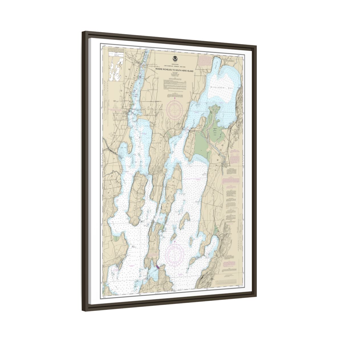 Chart 14781 Riviere Richelieu to South Hero Island - NOAA Nautical Chart Floating Frame Canvas | 24" x 32" | 30" x 40" - Espresso side