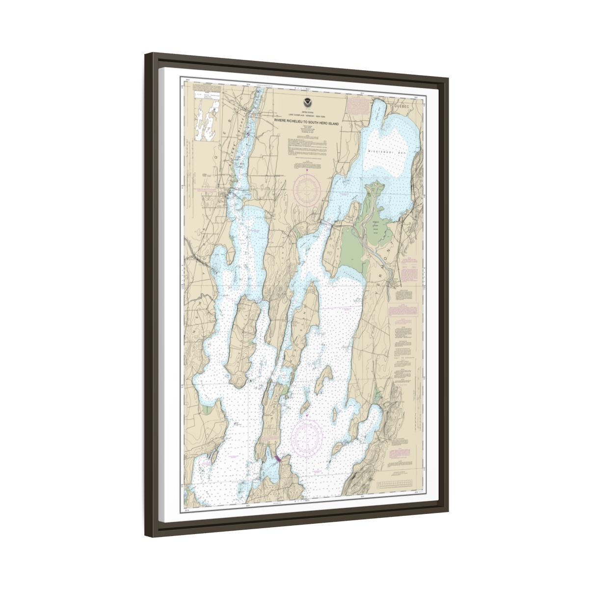 Chart 14781 Riviere Richelieu to South Hero Island - NOAA Nautical Chart Floating Frame Canvas | 24" x 32" | 30" x 40" - Espresso side