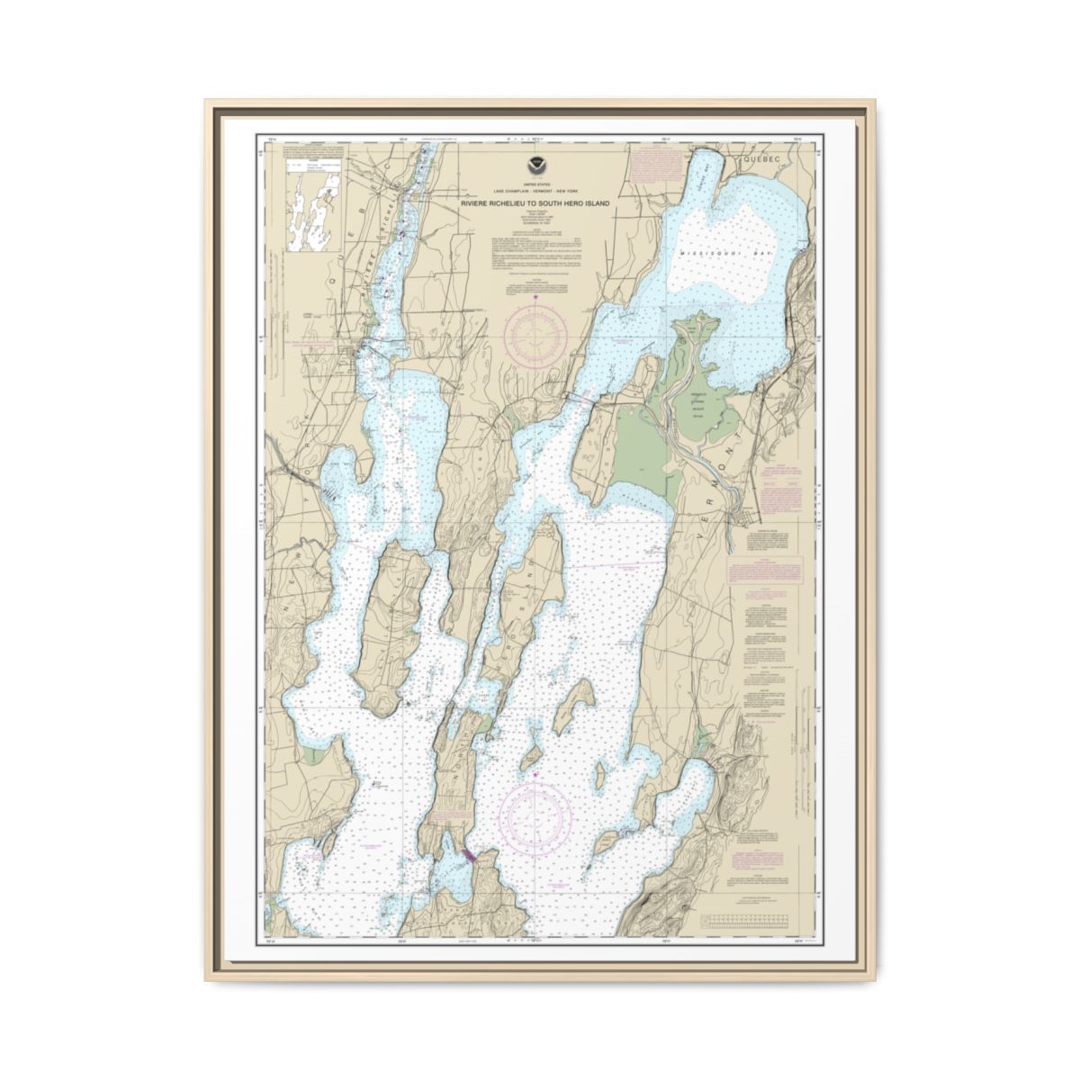 Chart 14781 Riviere Richelieu to South Hero Island - NOAA Nautical Chart Floating Frame Canvas | 24" x 32" | 30" x 40" - Natural front