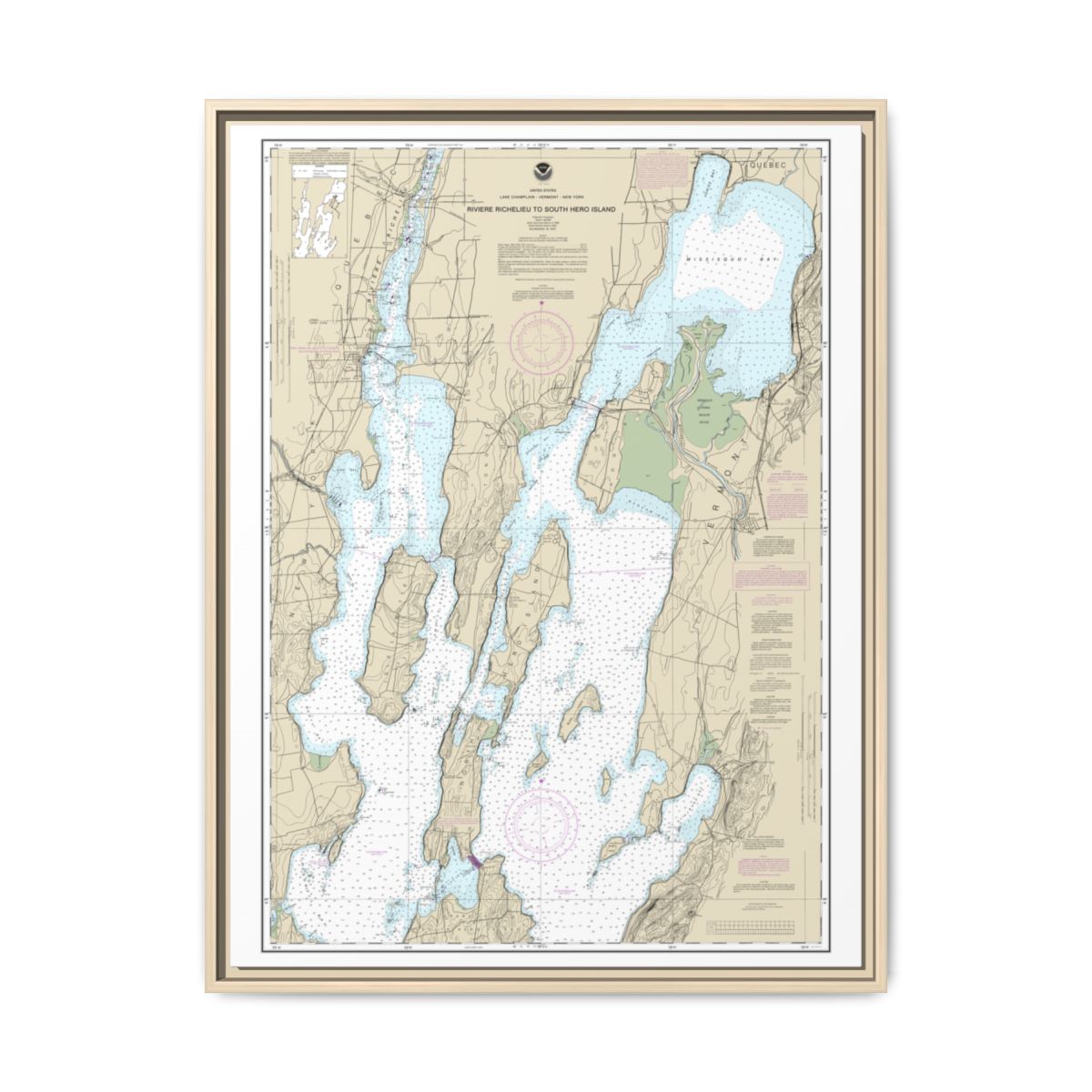 Chart 14781 Riviere Richelieu to South Hero Island - NOAA Nautical Chart Floating Frame Canvas | 24" x 32" | 30" x 40" - Natural front