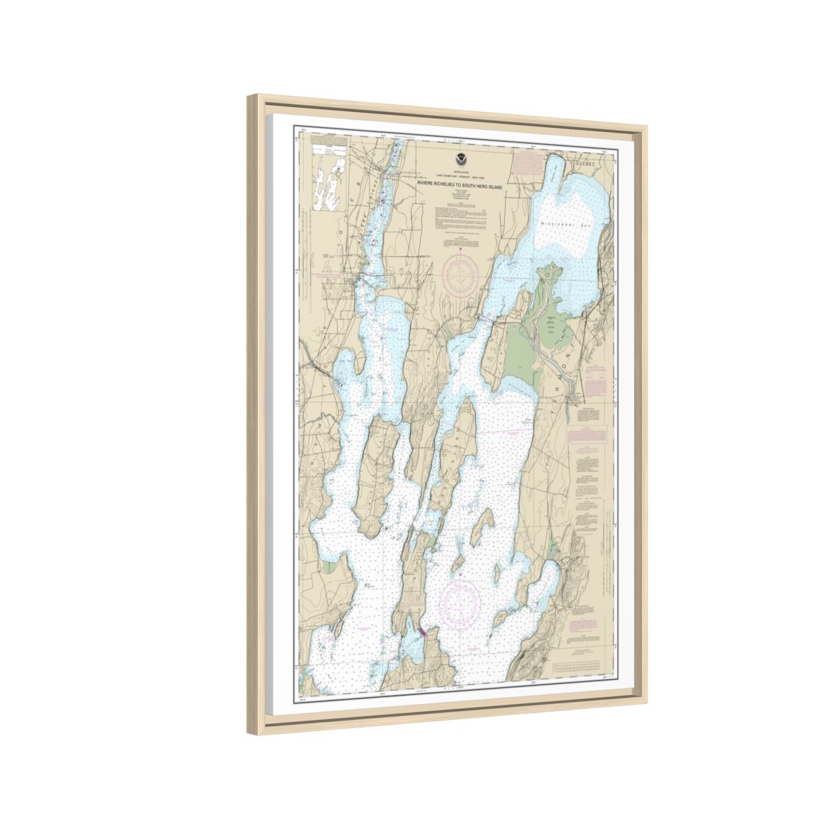 Chart 14781 Riviere Richelieu to South Hero Island - NOAA Nautical Chart Floating Frame Canvas | 24" x 32" | 30" x 40" - Natural side