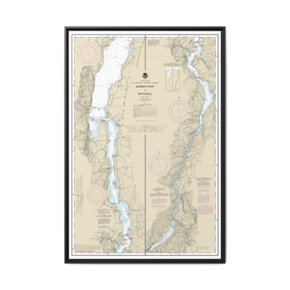 Chart 14784 Barber Point to Whitehall - NOAA Nautical Chart Floating Frame Canvas | 20" x 30" | 24" x 36" | 32" x 48" - Black front