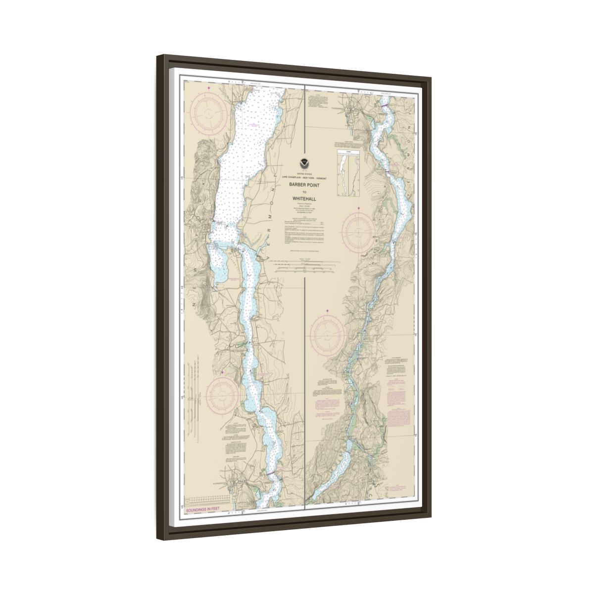 Chart 14784 Barber Point to Whitehall - NOAA Nautical Chart Floating Frame Canvas | 20" x 30" | 24" x 36" | 32" x 48" - Espresso side