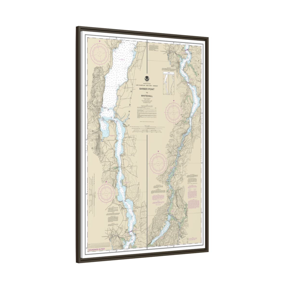 Chart 14784 Barber Point to Whitehall - NOAA Nautical Chart Floating Frame Canvas | 20" x 30" | 24" x 36" | 32" x 48" - Espresso side